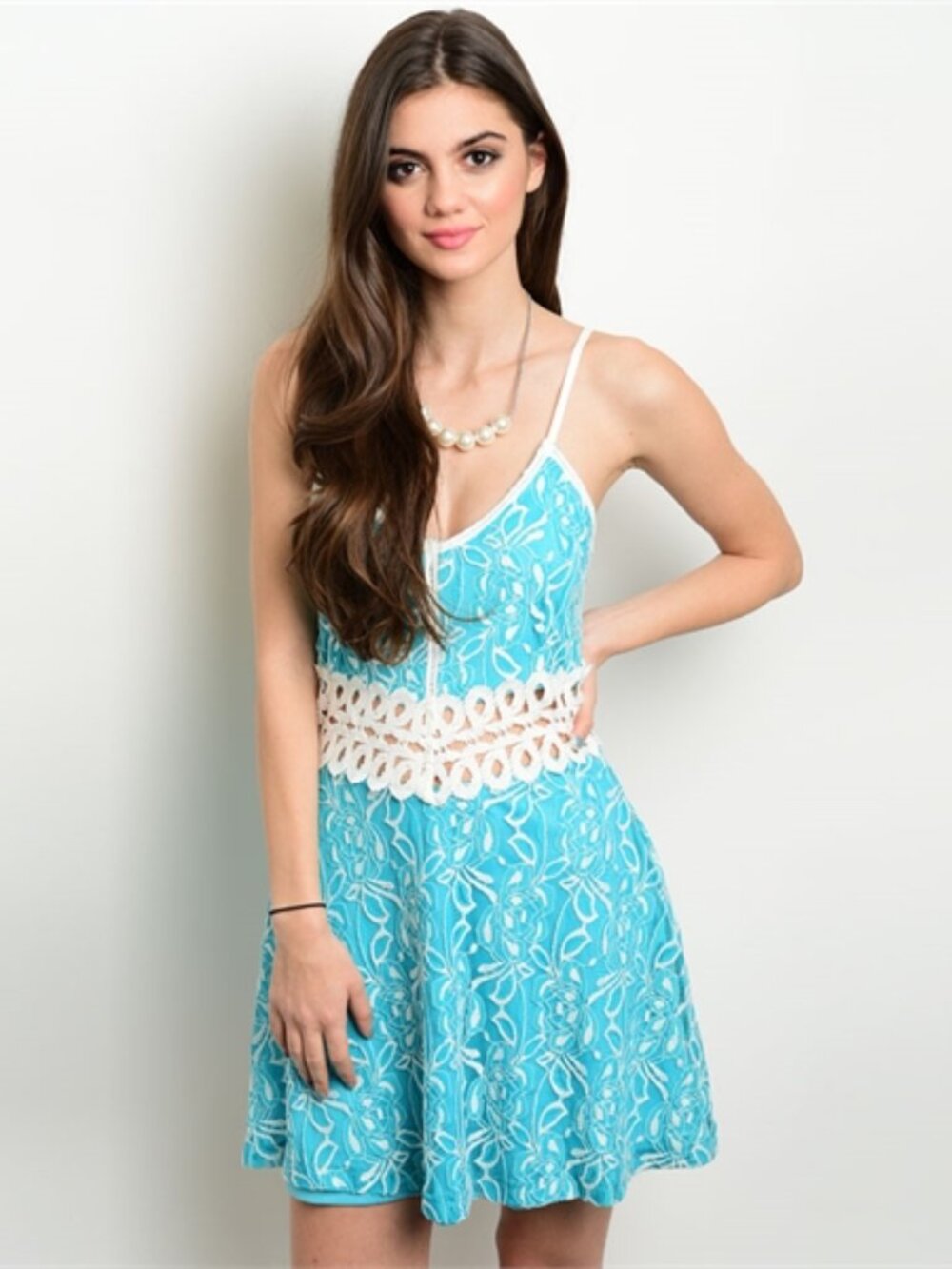 Women Floral Mini Dress Sleevelees Embroider Crochet Open Back, Teal Blue